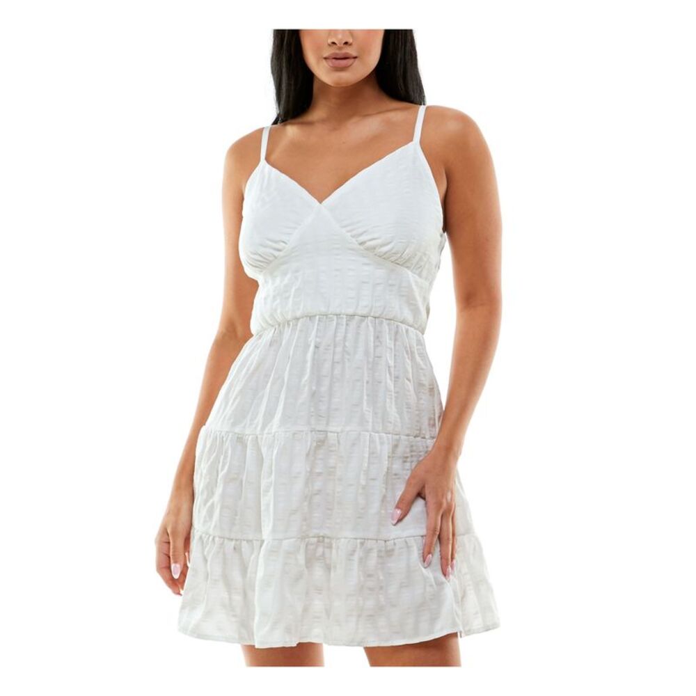 SPEECHLESS Womens White Seersucker Adjustable Spaghetti Strap Short Dress L